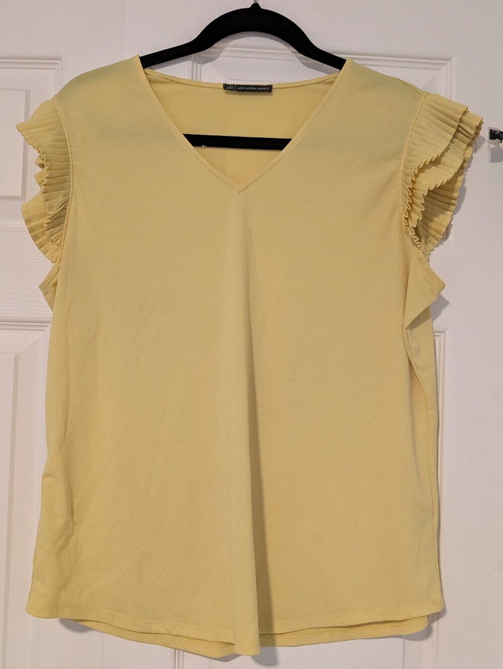 Adrianna Papell Yellow V-Neck Pleated Cap Sleeve Blouse
